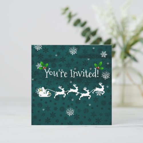 Teal Santas Sleigh and Reindeer Invitation