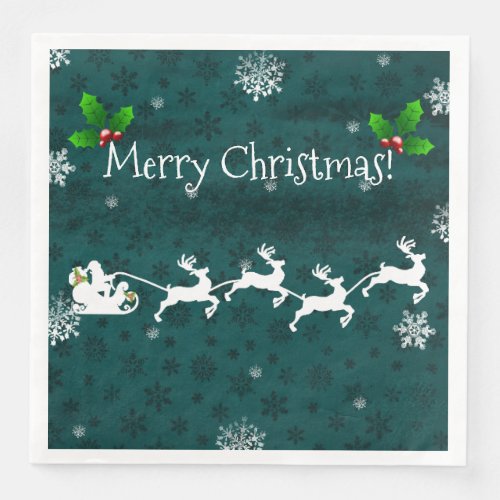Teal Santas Sleigh and Reindeer Paper Napkin