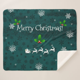 Teal Santa's Sleigh and Reindeer Sherpa Blanket