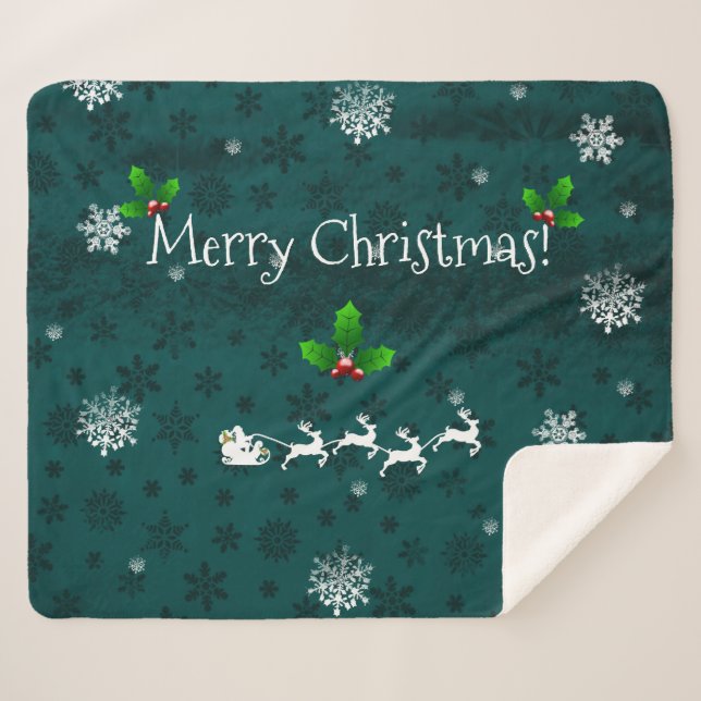 Teal Santa's Sleigh and Reindeer Sherpa Blanket (Front (Horizontal))