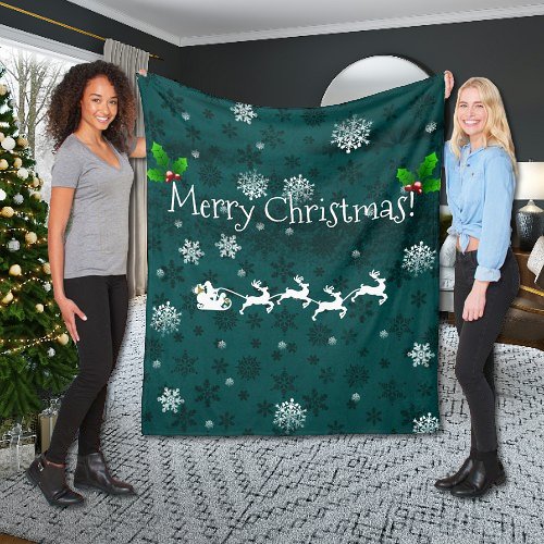 Teal Santas Sleigh and Reindeer Throw Blanket