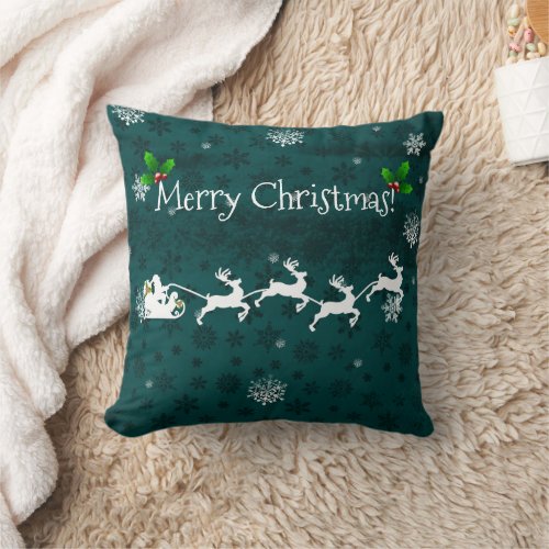 Teal Santas Sleigh and Reindeer Throw Pillow