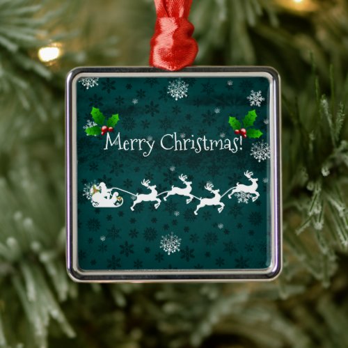 Teal Santas Sleigh  Reindeer Ceramic Ornament