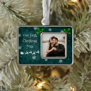 Teal Santa's Sleigh & Reindeer Ornament