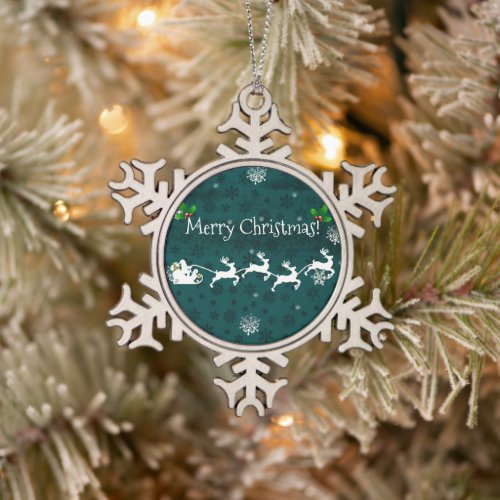 Teal Santas Sleigh  Reindeer Ornament