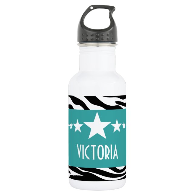 Teal Sassy Star Zebra Water Bottle (Front)