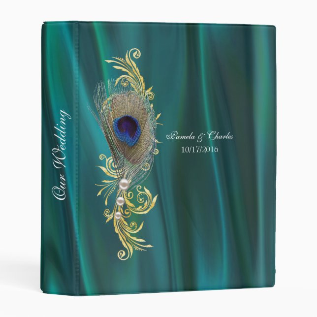 Teal Satin and Peacock Feather Wedding Binder (Front/Spine)