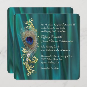 Teal Satin And Peacock Feather Wedding Invitation by Myweddingday at Zazzle
