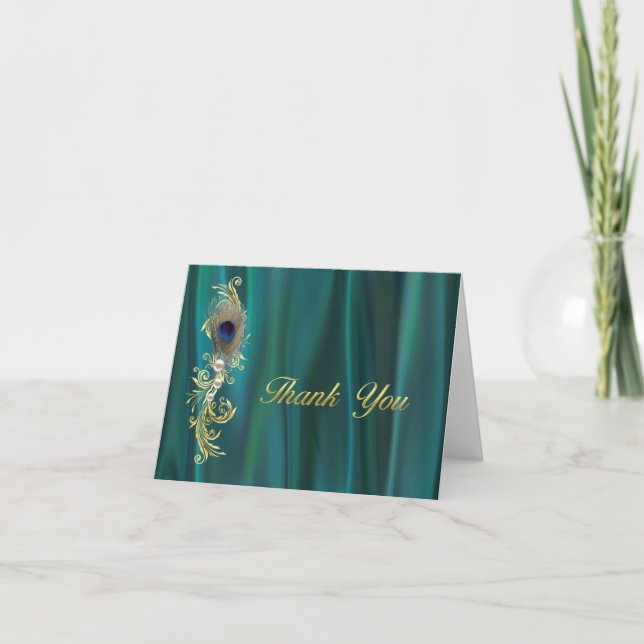 Teal Satin and Peacock Feather Wedding Thank You (Front)