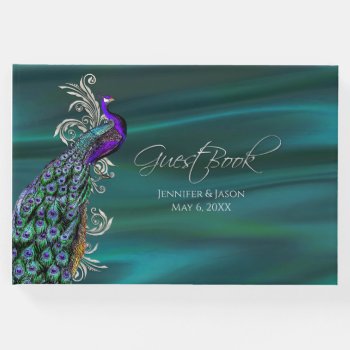 Teal Satin And Peacock Wedding Guest Book by Myweddingday at Zazzle