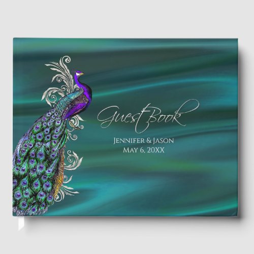 Teal Satin and Peacock Wedding Guest Book