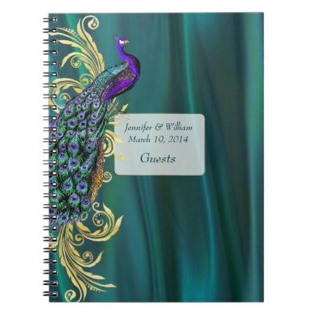 Teal Satin And Peacock Wedding Guest Sign In Notebook