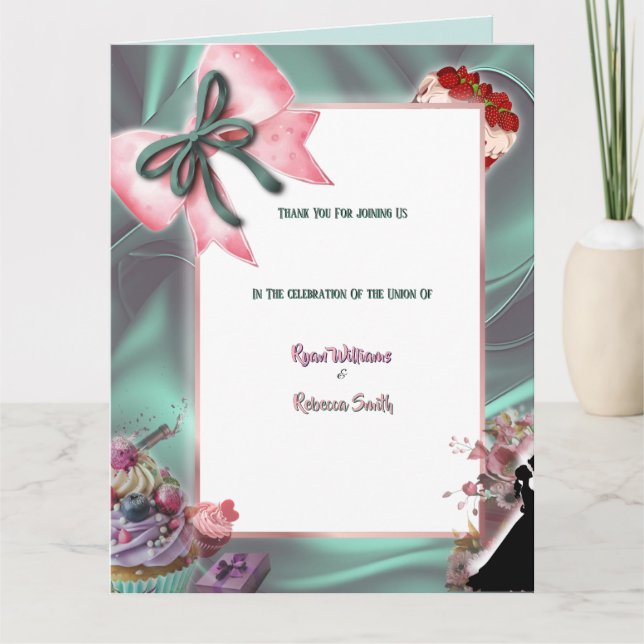 Teal Satin Folded Wedding Thank You Card (Front)