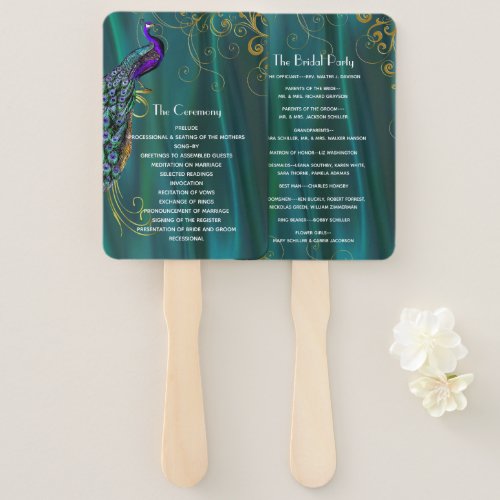 Teal Satin with Peacock Wedding Program Fan