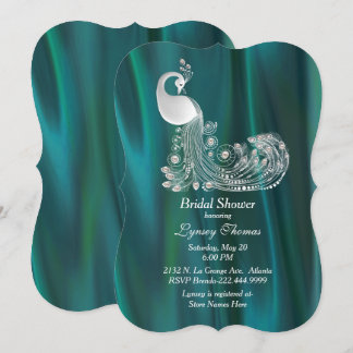 Teal Satin with White Peacock Bridal Shower Invitation