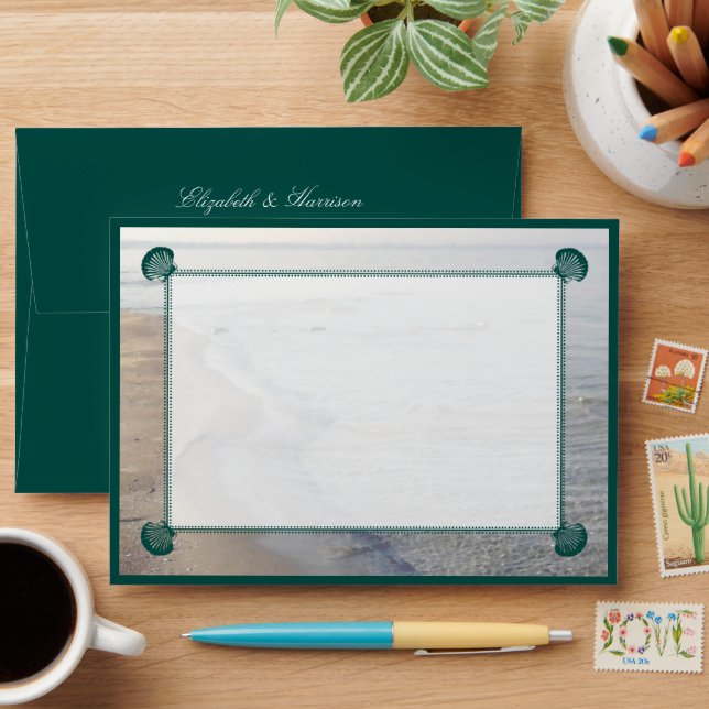 Teal Scallop, Beach Wedding Envelope (Desk)