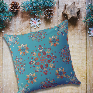 Teal Scandinavian Folk pattern snowflakes Throw Pillow