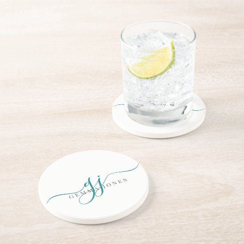 Teal Script Initials Monogram Minimalist  Coaster