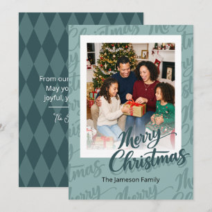 Teal Script Merry Christmas Family Photo Holiday Card