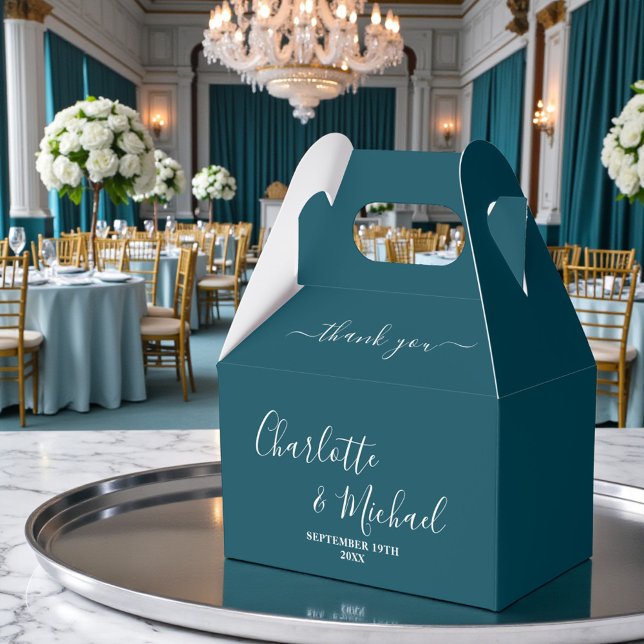 Teal Script Minimalist Wedding Thank You Favor Boxes (Creator Uploaded)