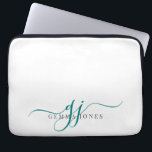 Teal Script Monogram Initials Minimalist  Laptop Sleeve<br><div class="desc">A chic modern stylish teal script initials monogram on white,  with a dramatic script initial with swashes and your full name in a modern serif type.</div>