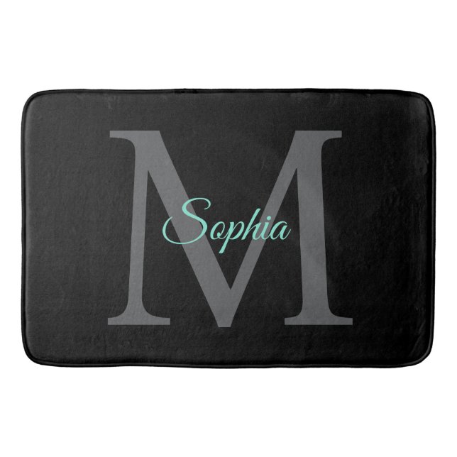 Teal Script Name, Large Grey Monogram on Black Bath Mat (Front)