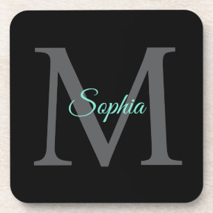 Teal Script Name, Large Grey Monogram on Black Beverage Coaster
