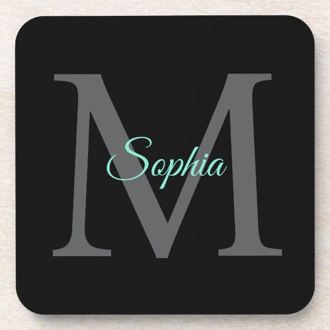 Teal Script Name, Large Grey Monogram on Black Beverage Coaster (Front)