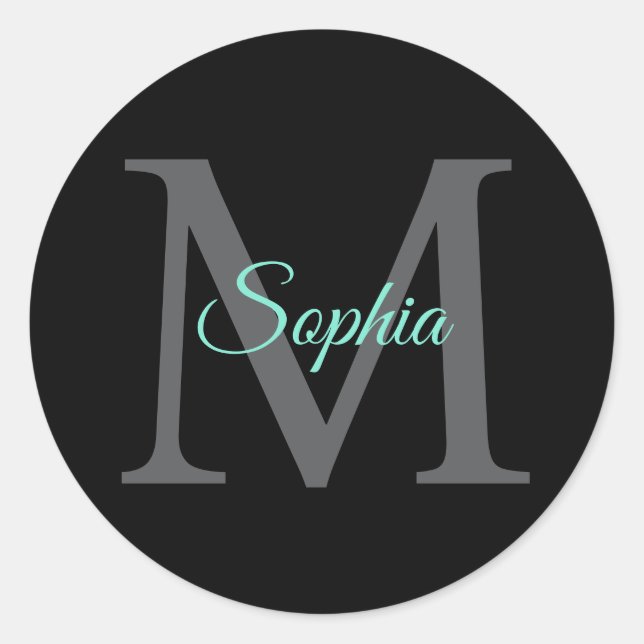 Teal Script Name, Large Grey Monogram on Black Classic Round Sticker (Front)