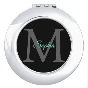 Teal Script Name, Large Grey Monogram on Black Compact Mirror