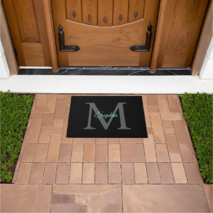 Teal Script Name, Large Grey Monogram on Black Doormat