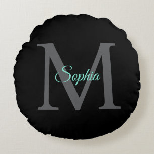 Teal Script Name, Large Grey Monogram on Black Round Pillow
