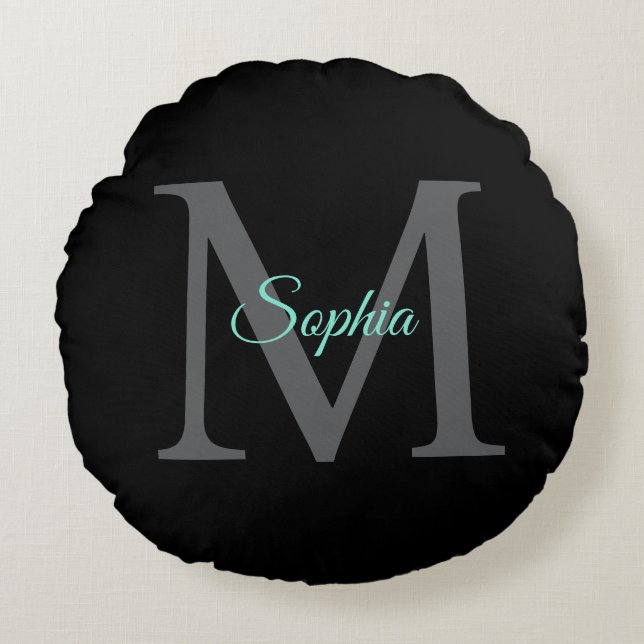 Teal Script Name, Large Grey Monogram on Black Round Pillow (Front)