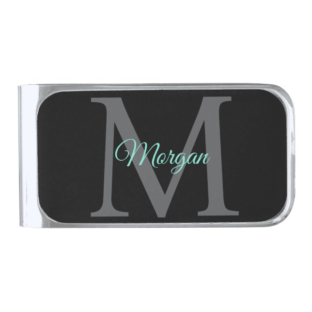 Teal Script Name, Large Grey Monogram on Black Silver Finish Money Clip (Front)