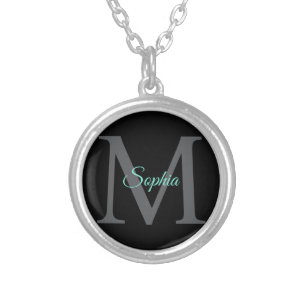 Teal Script Name, Large Grey Monogram on Black Silver Plated Necklace
