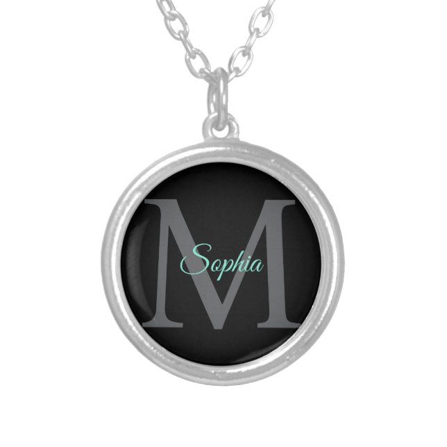 Teal Script Name, Large Grey Monogram on Black Silver Plated Necklace (Front)