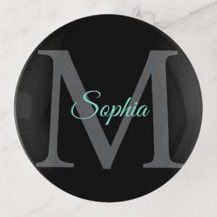 Teal Script Name, Large Grey Monogram on Black Trinket Tray