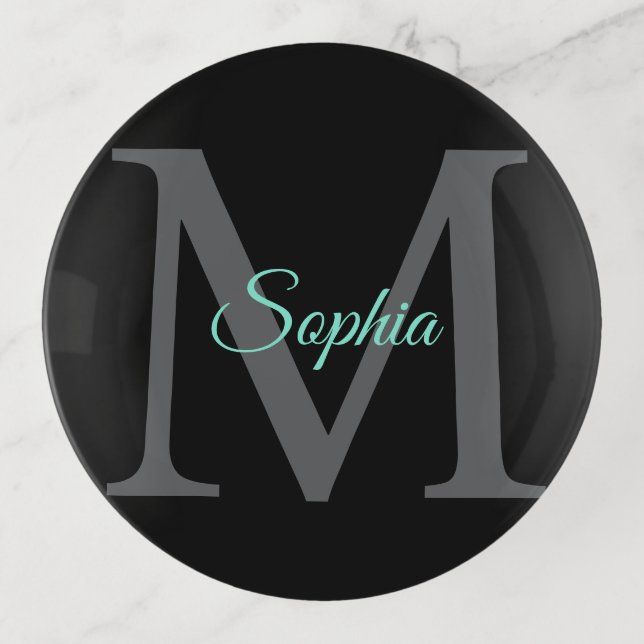 Teal Script Name, Large Grey Monogram on Black Trinket Tray (Front)