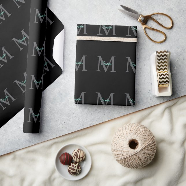 Teal Script Name Large Grey Monogram on Black Vs 2 Wrapping Paper (Crafts)
