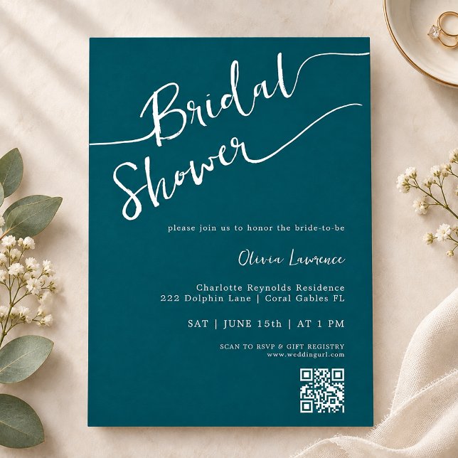 Teal Script QR Bridal Shower Invitation (Teal Script QR Bridal Shower)