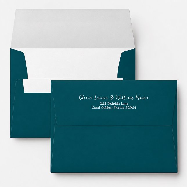 Teal Script Return Address Wedding Envelope (Elegant Teal Wedding Envelopes

)