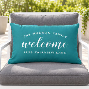 Teal Script Welcome Monogram Porch Lumbar Pillow