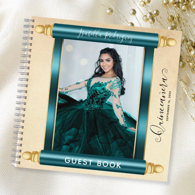 Teal Scroll Photo Budget Quinceañera Guest Book (Teal Scroll Photo Budget Quinceañera Guest Book)