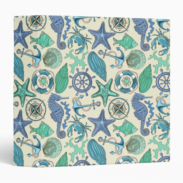 Teal Sea Animals Pattern 3 Ring Binder (Front/Spine)