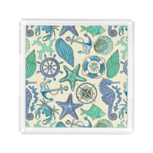 Teal Sea Animals Pattern Acrylic Tray