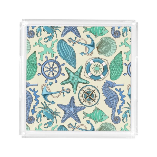 Teal Sea Animals Pattern Acrylic Tray (Front)
