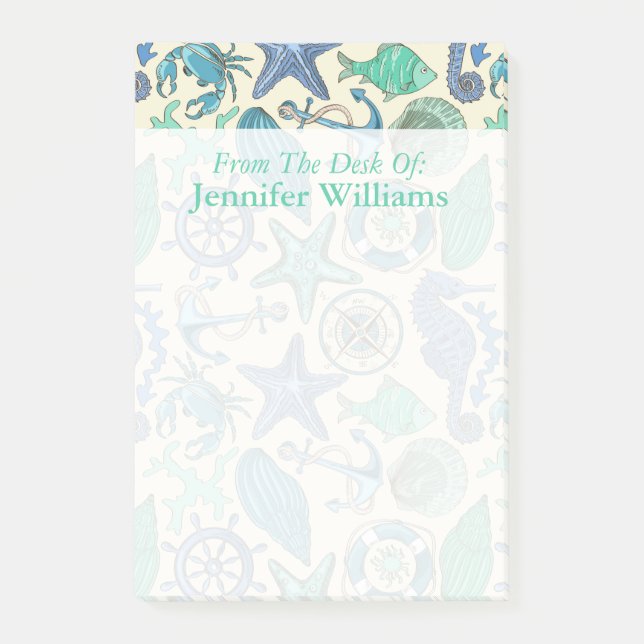 Teal Sea Animals Pattern | Add Your Name Post-it Notes (Front)