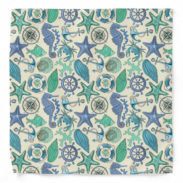 Teal Sea Animals Pattern Bandana (Front)