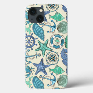 Teal Sea Animals Pattern iPhone 13 Case