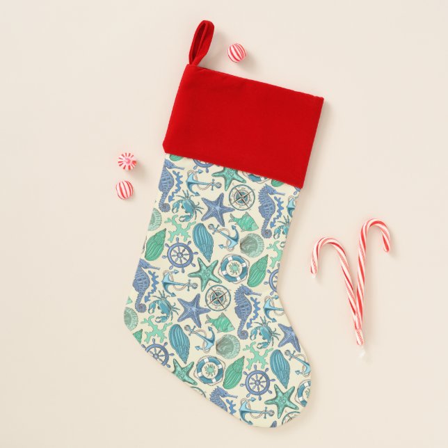 Teal Sea Animals Pattern Christmas Stocking (Front)